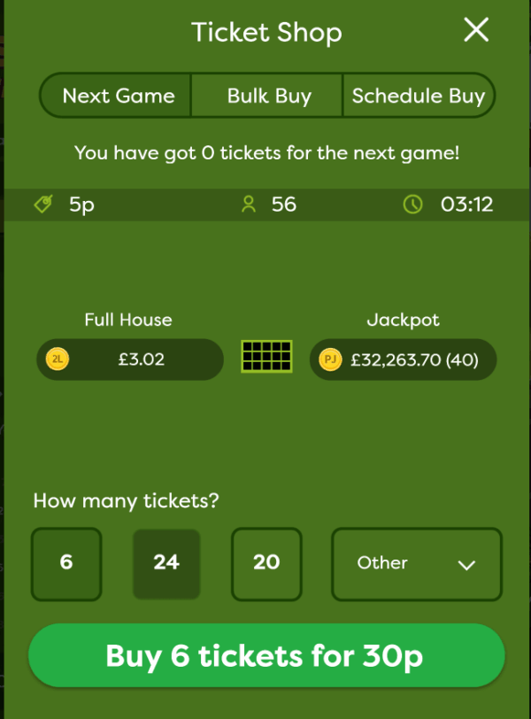 Gamesys bingo ticket purchase screen