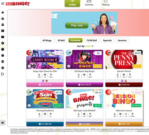 Exclusive Bingo Rooms tab at Sun Bingo