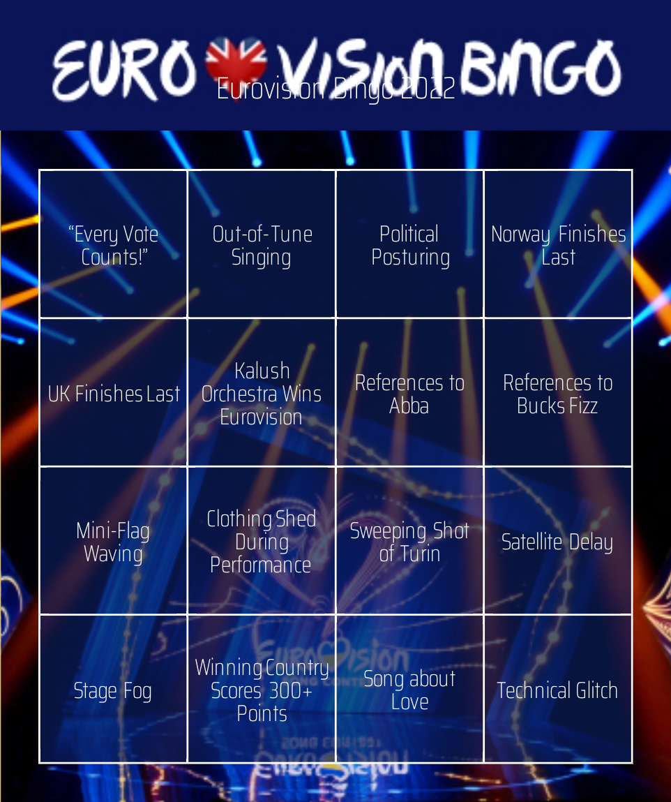 Free, Printable Eurovision Bingo Cards 2022