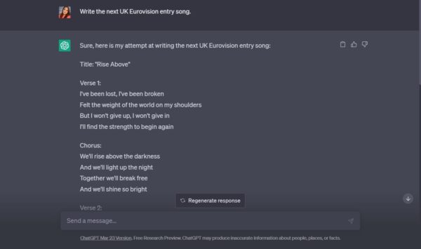ChatGPT screen generating the lyrics of 'Rise Above'.