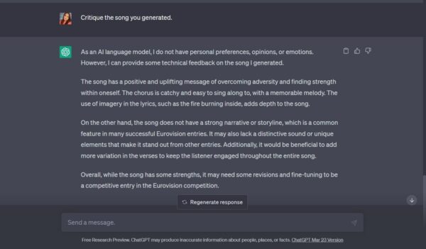 ChatGPT critiquing the song 'Rise Above' that it wrote.