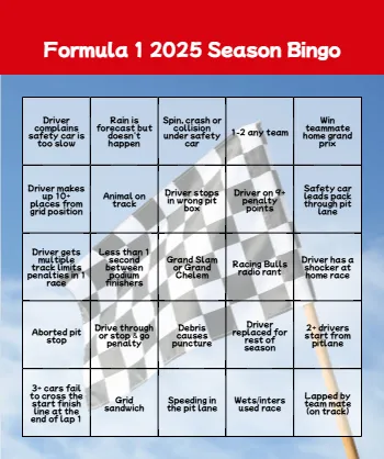 Formula One Season Bingo