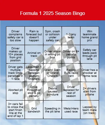 Formula One Season Bingo