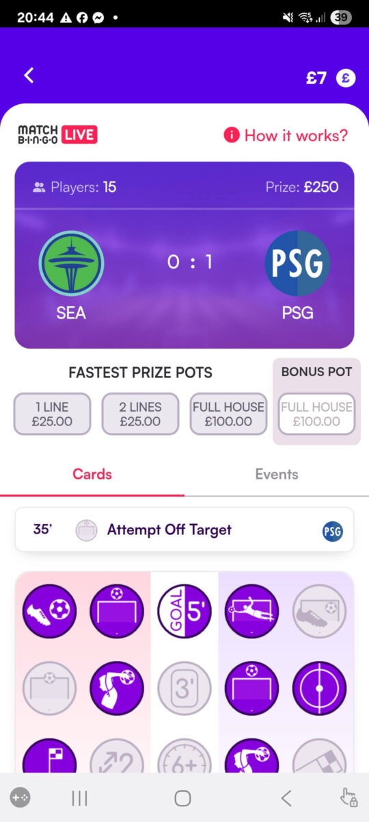 A bingo card at Matchbingo