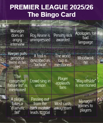 Premier League Bingo Card 2025/26