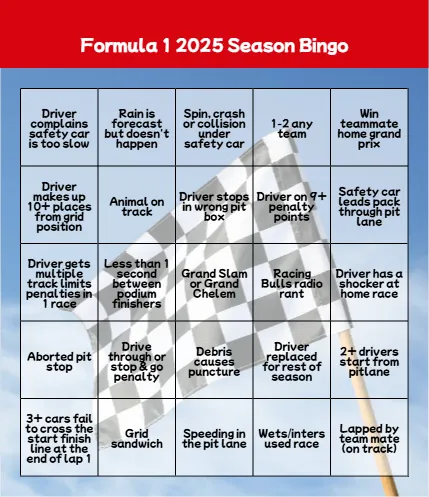 Formula One Season Bingo