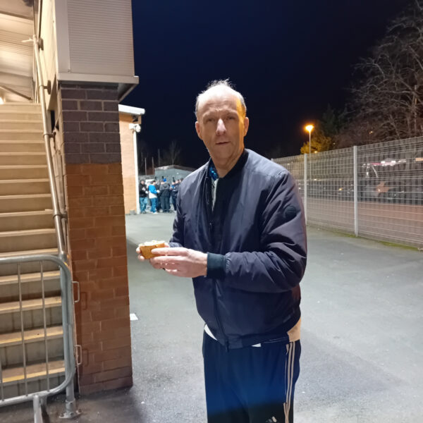 Football Pie Connoisseur Ian Coulton samples the chicken balti pie at Burton Albion