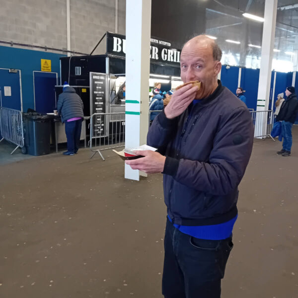 Football Pie Connoisseur Ian Coulton samples the minced beef pie at Cardiff City