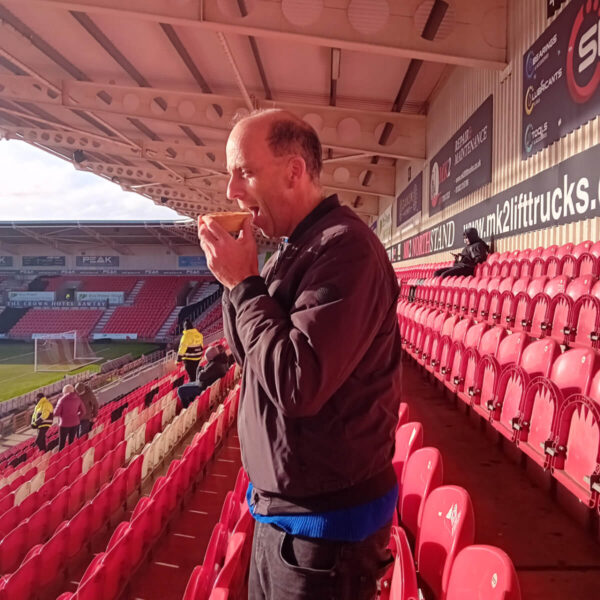 Football Pie Connoisseur Ian Coulton samples the chicken balti pie at Doncaster Rovers