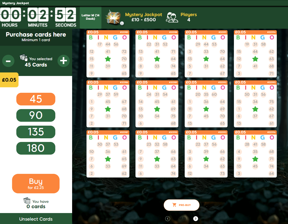 Dragonfish pattern bingo. The Letter M pattern is being played