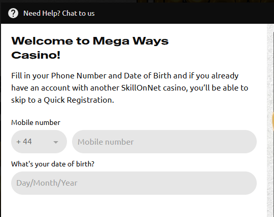 The registration form at Megaways Casino