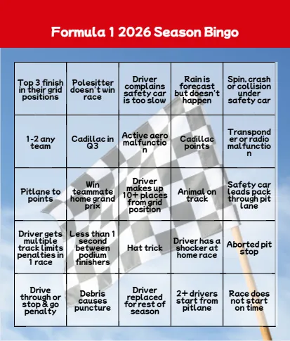 Formula One Season Bingo