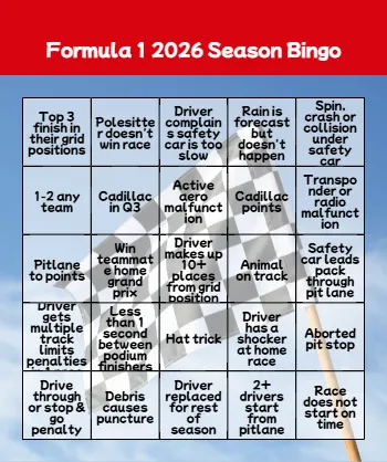 Formula One Season Bingo
